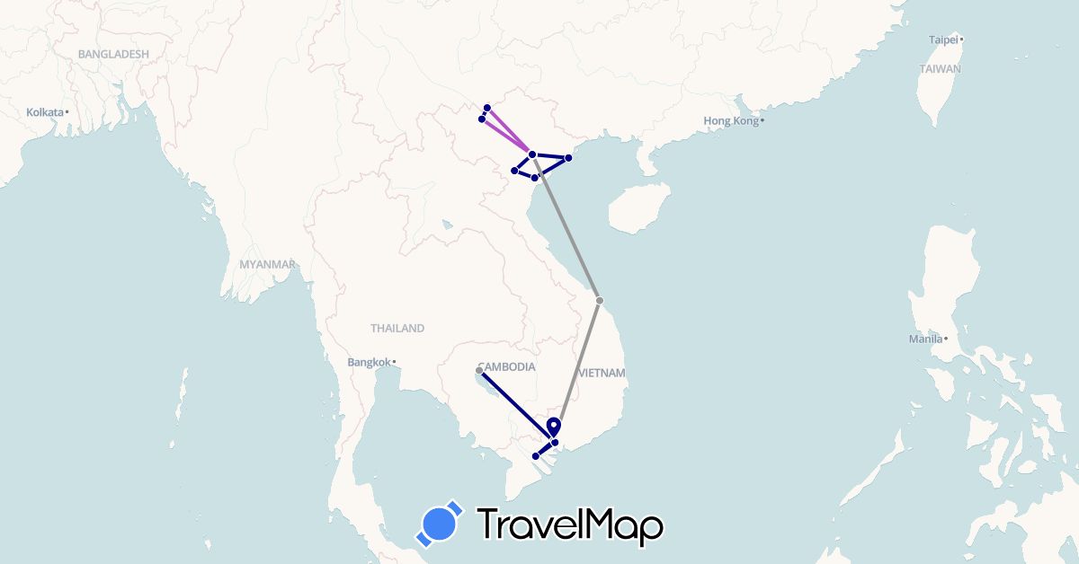 TravelMap itinerary: driving, plane, train in Cambodia, Vietnam (Asia)